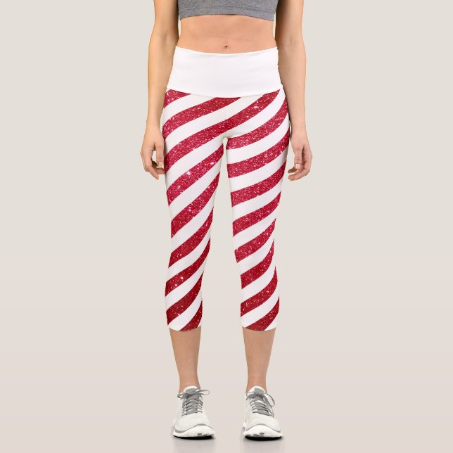 Niedlicher Candy Cane Glitzer Strickmuster Capri Leggings (Vorderseite)