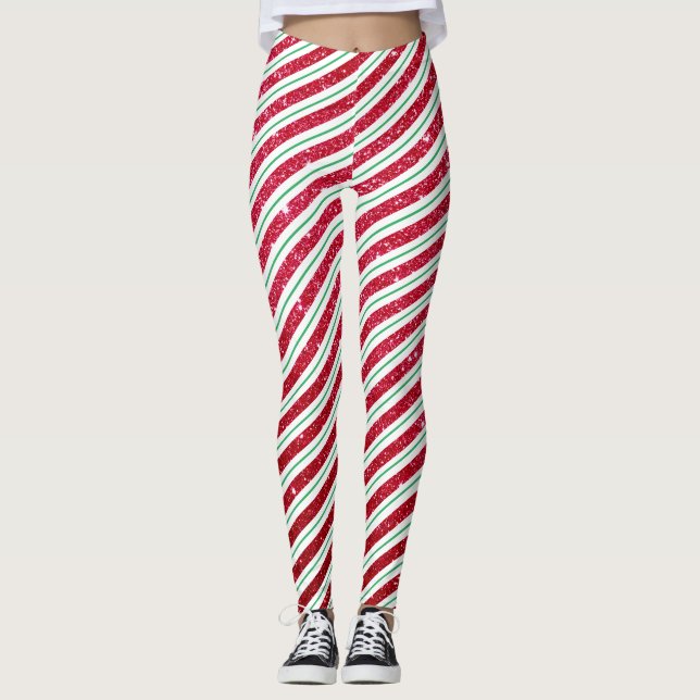 Niedlicher Candy Cane Glitzer Strickmuster Leggings (Vorderseite)