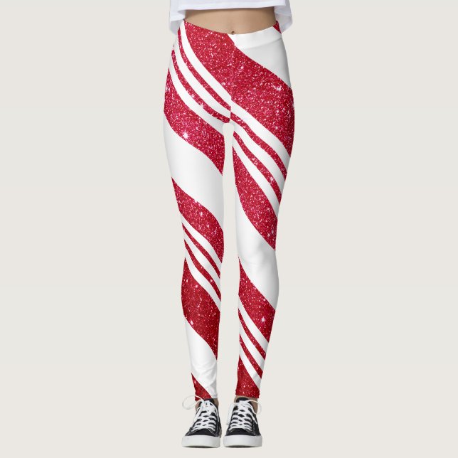Niedlicher Candy Cane Glitzer Strickmuster Leggings (Vorderseite)