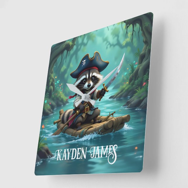 Niedlicher Captain Raccoon rammt den Fluss hinunte Quadratische Wanduhr (Winkel)