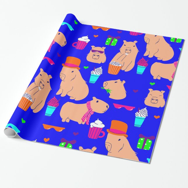 niedlicher Capybara-Blauer Geschenkpapier (Ungerollt)