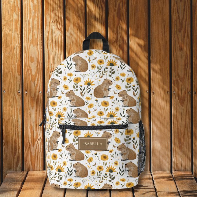 Niedlicher Capybara Floral Backpack Bedruckter Rucksack (cute capy capybara sunflower floral backpack with custom name for back to school supplies)
