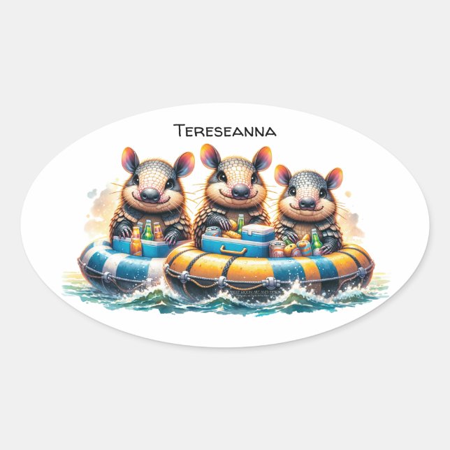 Niedlicher Cartoon Armadillos mit Spaß am Fluss Ovaler Aufkleber (Vorderseite)