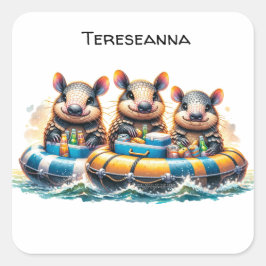 Niedlicher Cartoon Armadillos mit Spaß am Fluss Quadratischer Aufkleber