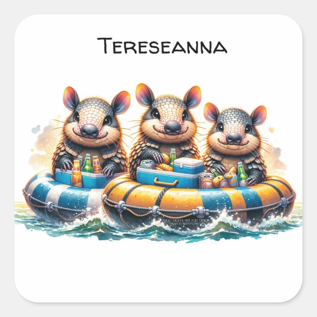 Niedlicher Cartoon Armadillos mit Spaß am Fluss Quadratischer Aufkleber (Vorderseite)