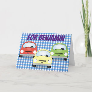 Niedlicher Cartoon Autos blauer Karo Hintergrund Karte