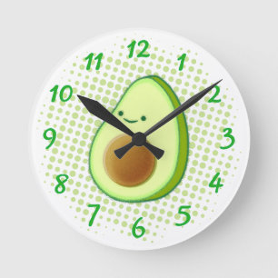 Niedlicher Cartoon Avocado auf grünem Vortex Runde Wanduhr