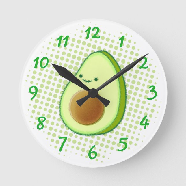 Niedlicher Cartoon Avocado auf grünem Vortex Runde Wanduhr (Vorderseite)