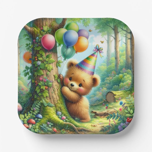 Niedlicher Cartoon Baby Bear Cube Geburtstag Pappteller (Vorderseite)