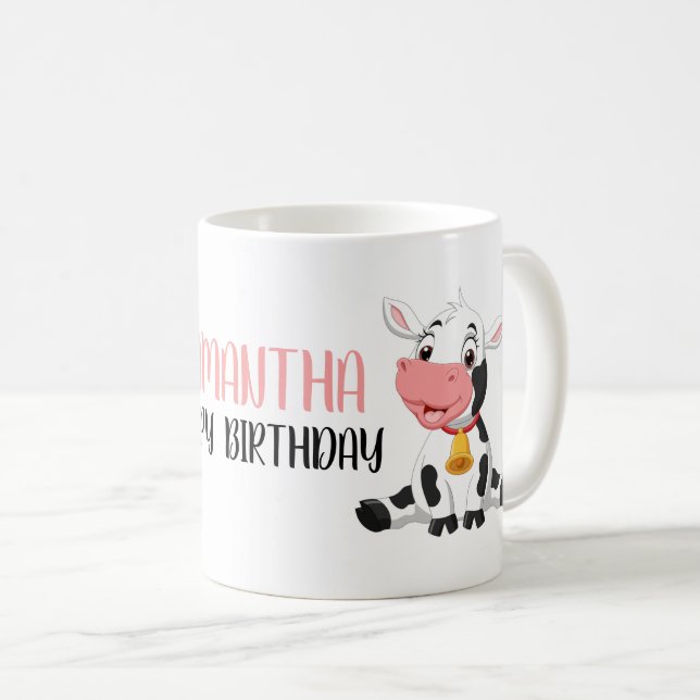 Niedlicher Cartoon Baby Cow Happy Birthday Kaffeetasse (VorderseiteRechts)