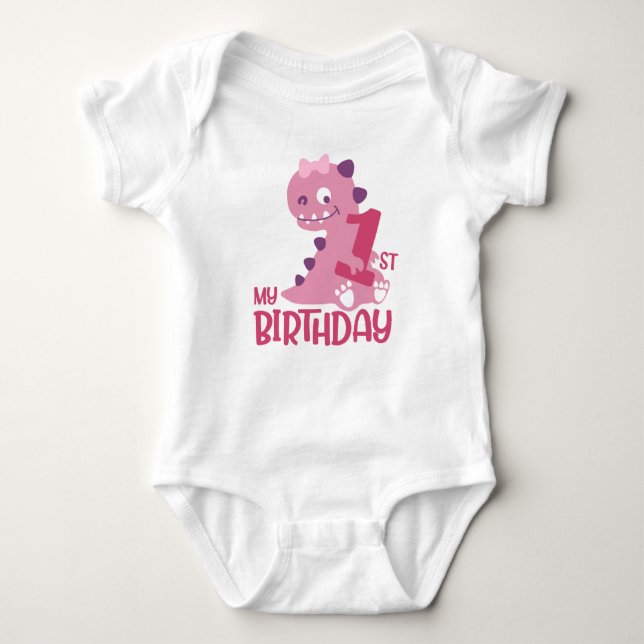 Niedlicher Cartoon Baby Girl Dinosaurier 1. Geburt Baby Strampler (Vorderseite)