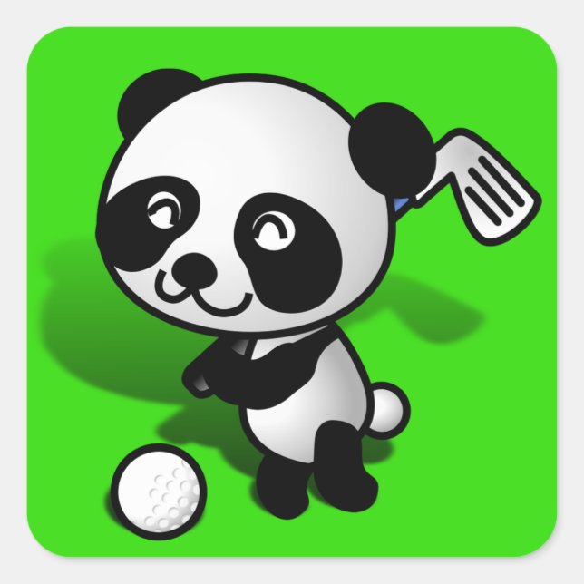 Niedlicher Cartoon Baby Panda Bear Golfing Quadratischer Aufkleber (Vorderseite)