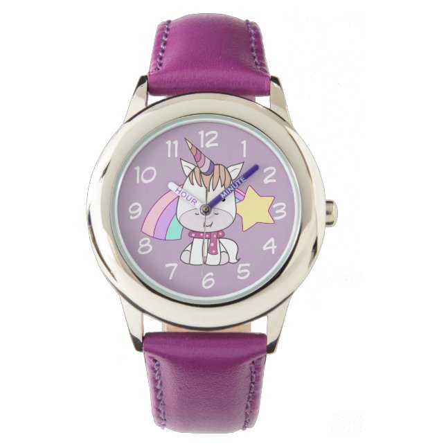 Niedlicher Cartoon Baby Unicorn und Regenbogen Armbanduhr (Vorderseite)