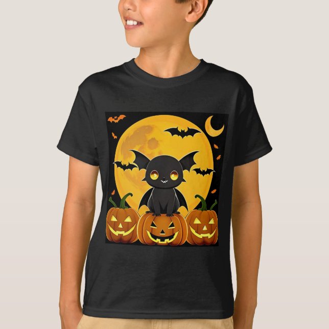 Niedlicher Cartoon Bat and Jack-O' Lantern Pumpkin T-Shirt (Vorderseite)