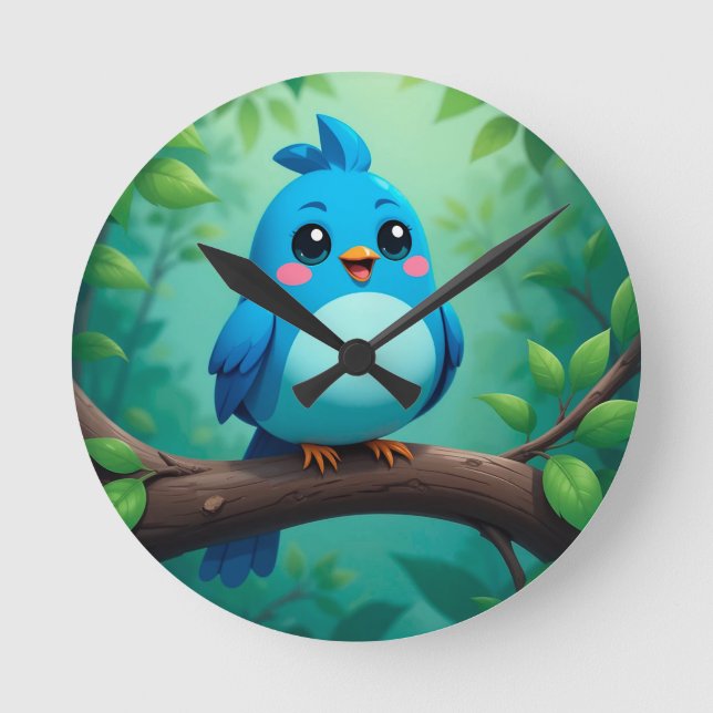 Niedlicher Cartoon Blue Bird Runde Wanduhr (Vorderseite)
