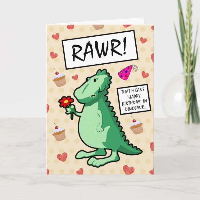 Niedlicher Cartoon Blume Dinosaur Roar Happy Gebur Karte (Vorderseite)