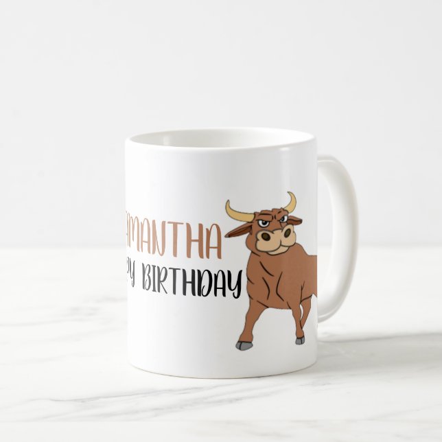 Niedlicher Cartoon Bull Happy Birthday Kaffeezuber Kaffeetasse (VorderseiteRechts)