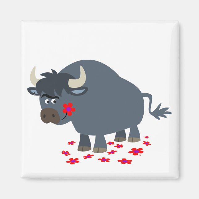 Niedlicher Cartoon Bull und Red Bloom Magnet (Vorne)