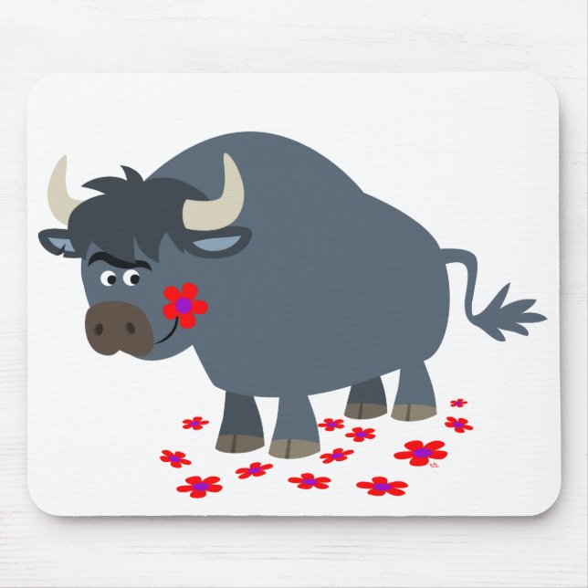 Niedlicher Cartoon Bull und Red Bloom Mousepad (Vorne)