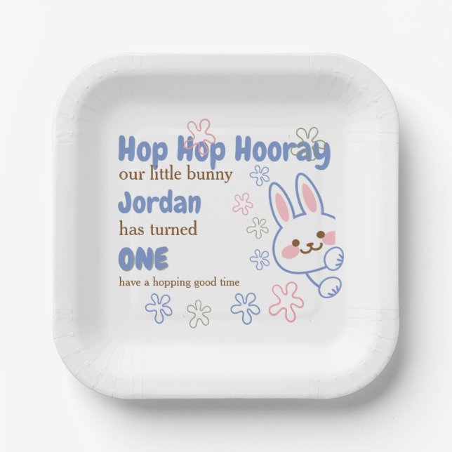 Niedlicher Cartoon Bunny Turning One Boys 1. Gebur Pappteller (Vorderseite)