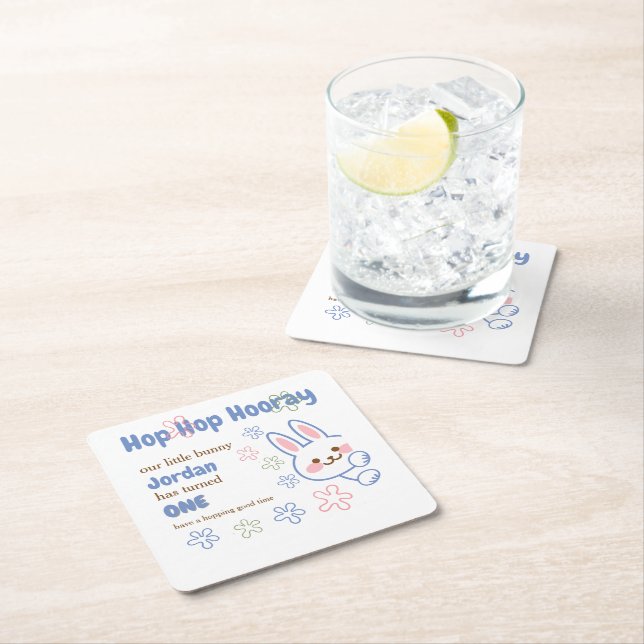 Niedlicher Cartoon Bunny Turning One Boys 1. Gebur Rechteckiger Pappuntersetzer (Vor Ort)