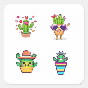 Niedlicher Cartoon Cactus Funny 4 Pack Stickers.pn Quadratischer Aufkleber