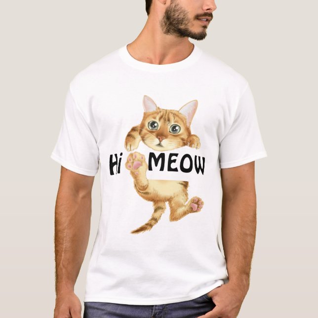 Niedlicher Cartoon Cat "Hi Meow" Witziger T - Shir T-Shirt (Vorderseite)