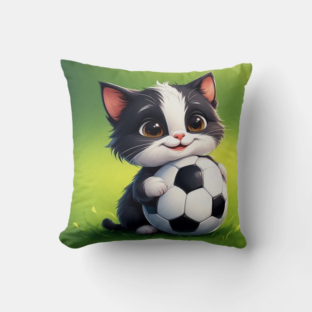 Niedlicher Cartoon Cat Holding Soccer Ball Kissen (Vorderseite)