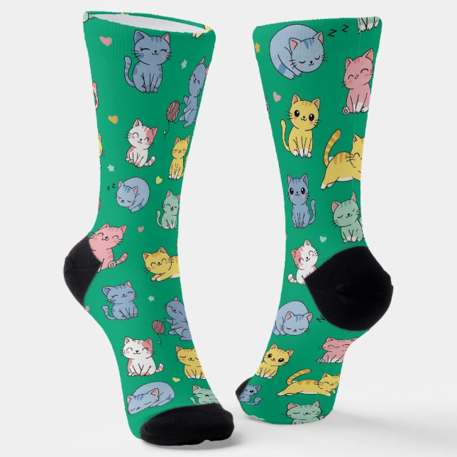 Niedlicher Cartoon Cat Pattern Crew Socken (Gewinkelt)