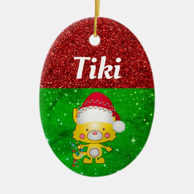 Niedlicher Cartoon Cat Pet Name Weihnachten Keramik Ornament (Vorne)
