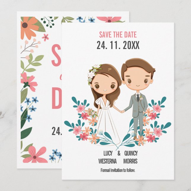 Niedlicher Cartoon Couple floral Save the Date (Vorne/Hinten)