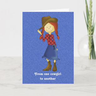 Niedlicher Cartoon Cowgirl auf Denim Birthday Card Karte