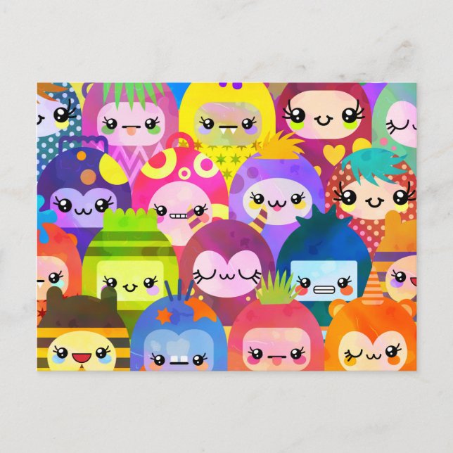 Niedlicher Cartoon Crowded Kawaii Monster Kid Grou Postkarte (Vorderseite)