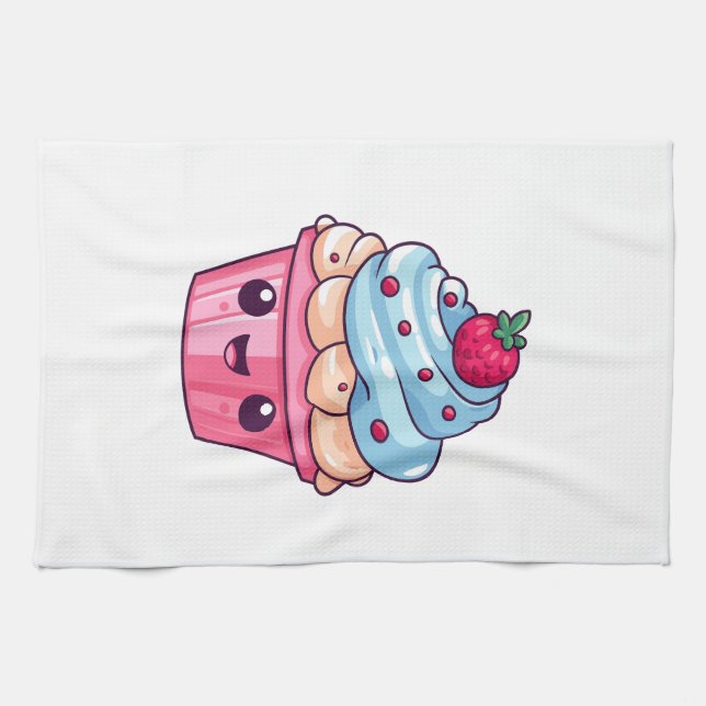 Niedlicher Cartoon Cupcake glückliches Lächeln Geschirrtuch (Horizontal)