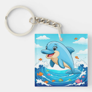 Niedlicher Cartoon-Delfin plantscht im Wasser Schlüsselanhänger