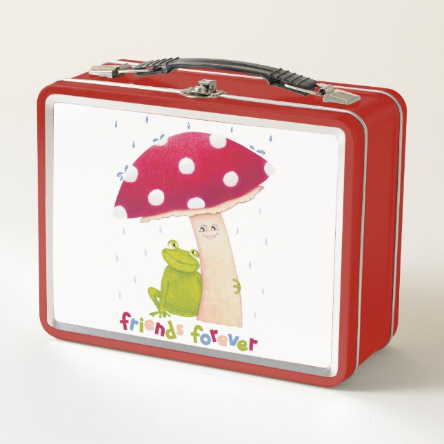 Niedlicher Cartoon, der Frosch und Pilze im Regen  Metall Brotdose (Vorderseite)