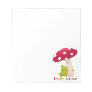 Niedlicher Cartoon, der Frosch und Pilze im Regen  Notizblock