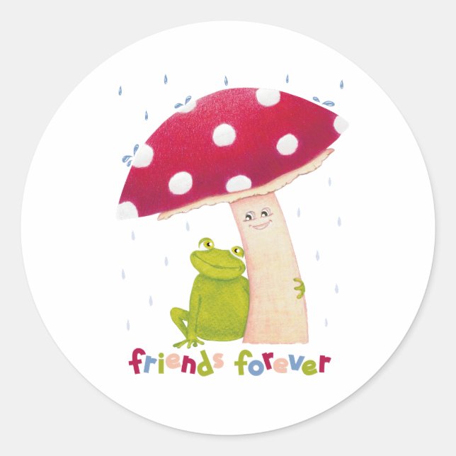Niedlicher Cartoon, der Frosch und Pilze im Regen  Runder Aufkleber (Vorderseite)