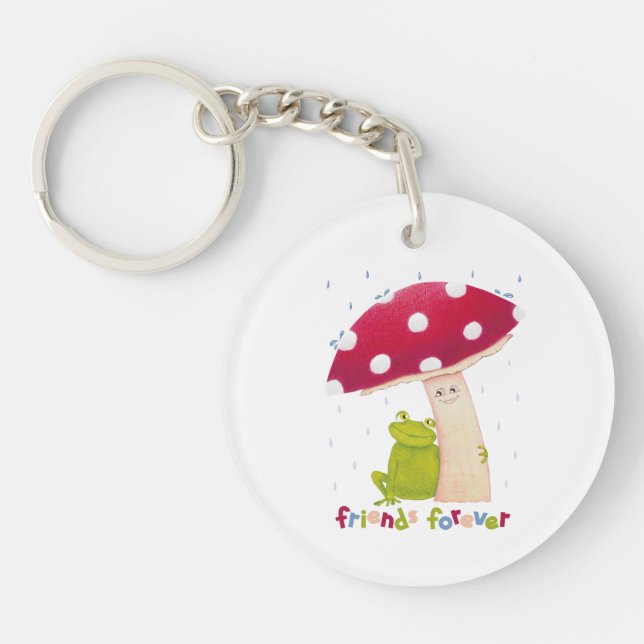 Niedlicher Cartoon, der Frosch und Pilze im Regen  Schlüsselanhänger (Vorderseite)
