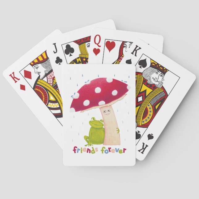 Niedlicher Cartoon, der Frosch und Pilze im Regen  Spielkarten (Rückseite)