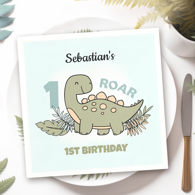 Niedlicher Cartoon Dinosaur Blue Green Boy 1. Gebu Serviette (Cute Cartoon Dinosaur Blue Green Boy 1st Birthday Napkins)
