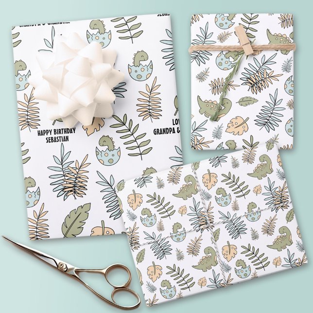 Niedlicher Cartoon Dinosaur Blue Green Boy Name Geschenkpapier Set (Cute Cartoon Dinosaur Blue Green Boy Name Wrapping Paper Sheets)