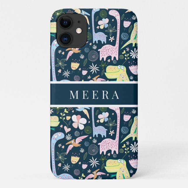 Niedlicher Cartoon Dinosaurier Muster Name Dunkelb Case-Mate iPhone Hülle (Rückseite)