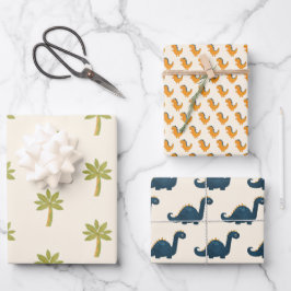Niedlicher Cartoon Dinosaurier und Palmen Geschenkpapier Set