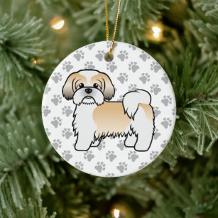 Niedlicher Cartoon Dog aus Gold und Weiß-Shih Tzu Keramik Ornament