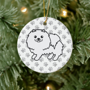 Niedlicher Cartoon Dog & Paws aus weißem Spitz Keramik Ornament