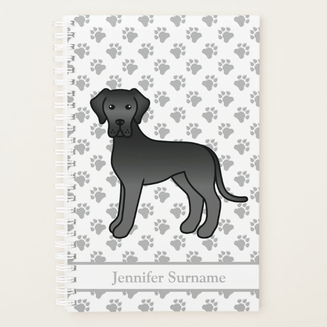 Niedlicher Cartoon Dog & Text von Black Great Dane Planer (Vorderseite)