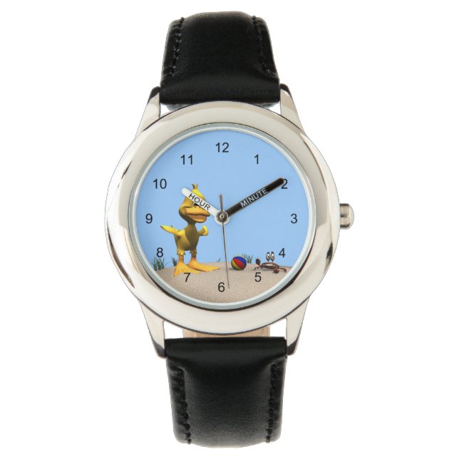 Niedlicher Cartoon Duck and Crab on Beach Armbanduhr (Vorderseite)