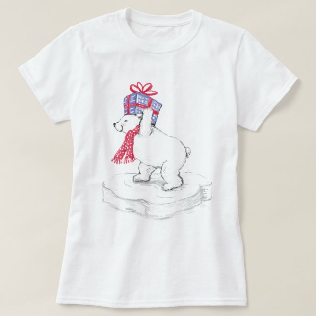 Niedlicher Cartoon Eisbär mit Weihnachtsgeschenken T-Shirt (Design vorne)
