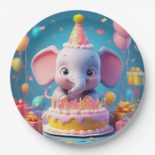 Niedlicher Cartoon-Elefant feiert Geburtstag Pappteller